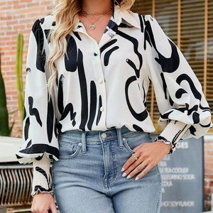 Printed bubble shoulder lantern long sleeve shirt